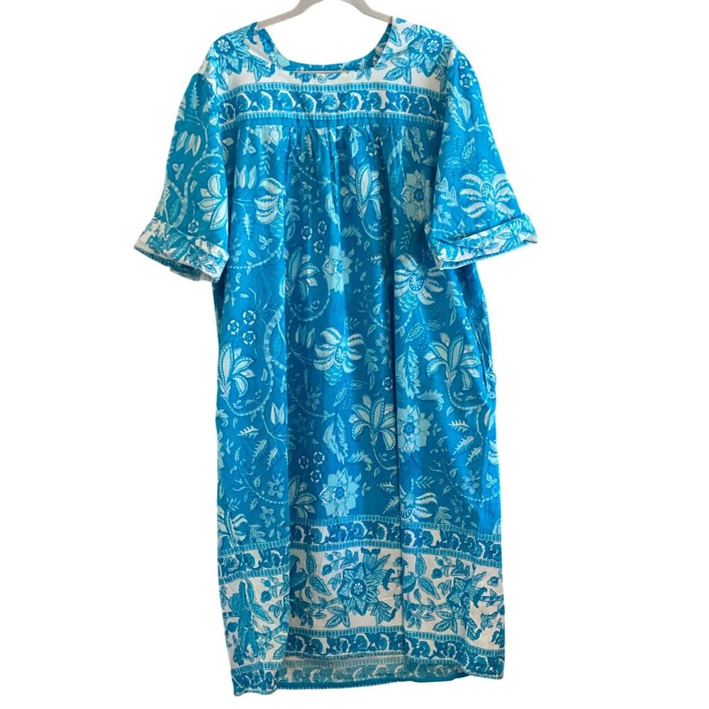 VTG Lounger House Dress Side Pockets Mumu Nightgown Blue White NO TAG M
